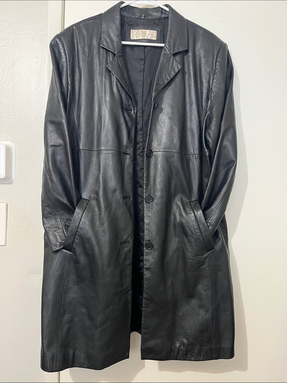 Jones New York 100% Leather Jacket Black Long Blazer Vintage 90's 4 Button